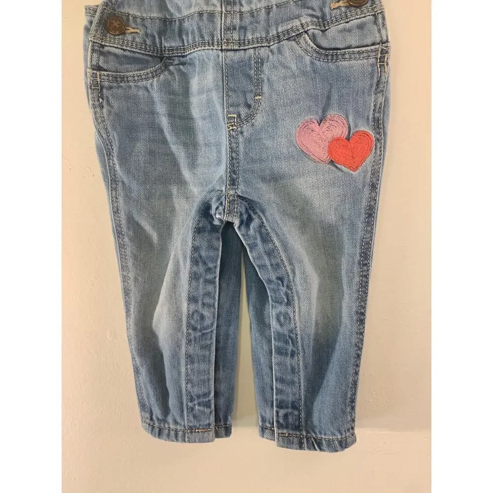OSHKOSH B’GOSH Girl’s Heart Embroidered Jean Bib Overalls / Size: 6 Months